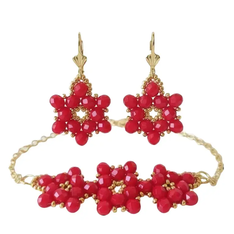 Handdcrrafted Red Crystal Beaded Floral Neclace and Earrings Jewelry Set- Gold-Tone Accent