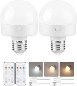 2 Pack Rechargeable E26 LED Light Bulbs with Remote, 3 Color Dimmable Cordless Bulbs, Timer Ambient Lights for Lamp, Bedroom, Closet