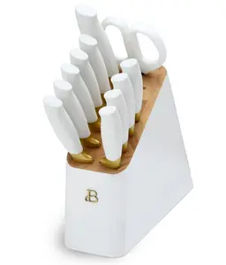 Beautiful 12 Piece Stainless Steel Knife Block Set, Soft-Grip Handles White Icing by Drew Barrymore