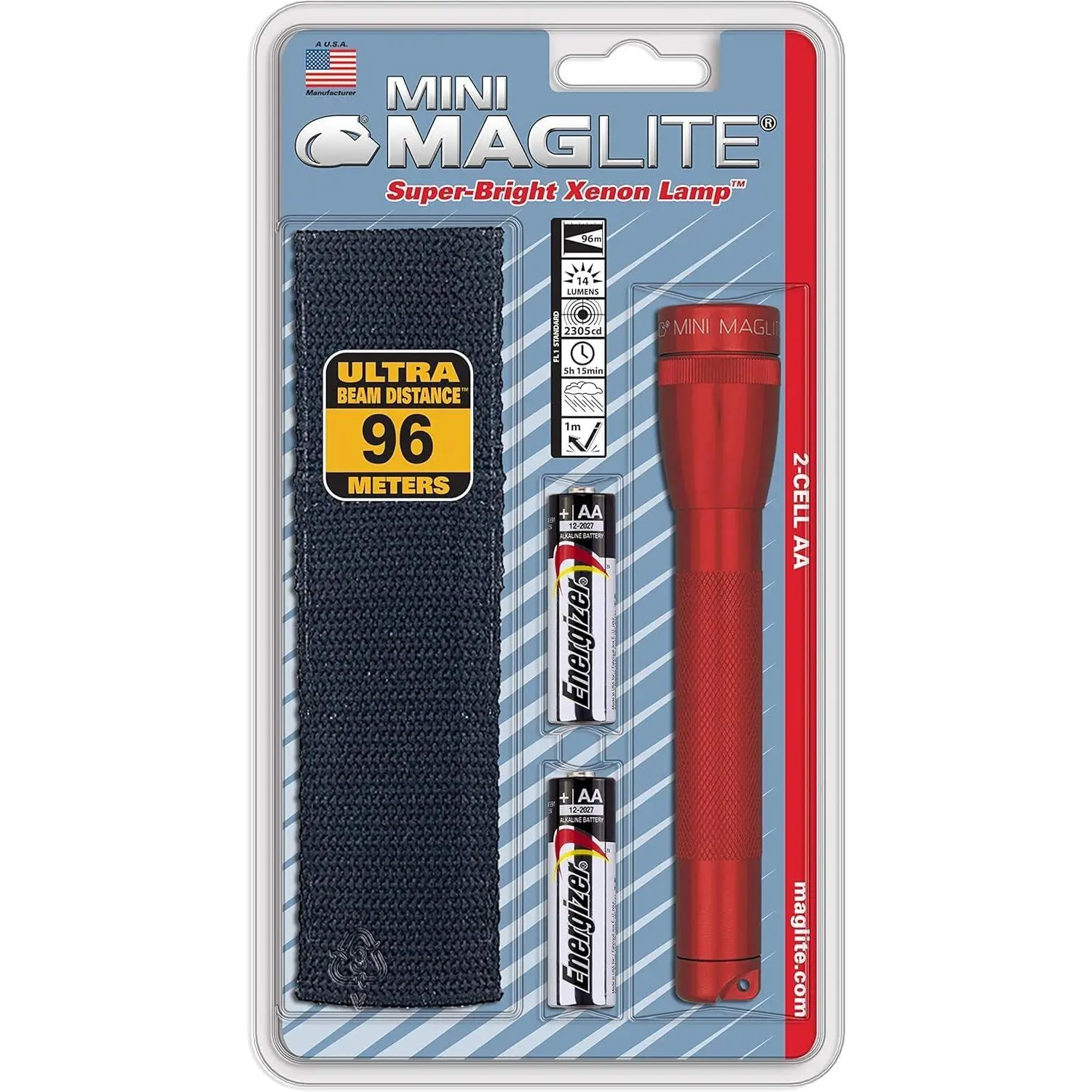 Red Mini Incandescent Flashlight - Compact, Water-Resistant, Twist On/Off, 2-Cell AA Battery-Powered Self-Powered Standard Torch with Holster, Self-Powered Standard Torches