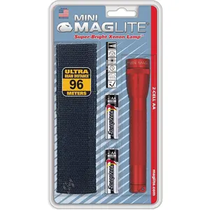 Red Mini Incandescent Flashlight - Compact, Water-Resistant, Twist On/Off, 2-Cell AA Battery-Powered Self-Powered Standard Torch with Holster, Self-Powered Standard Torches