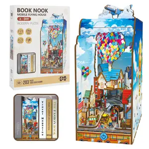 DIY Book Nook Kit with LED Light - 3D Wooden Puzzle Mobile Flying House Bookend Decor, Miniature Bookshelf Insert for Adults and Teens, Perfect for Creative Enthusiasts