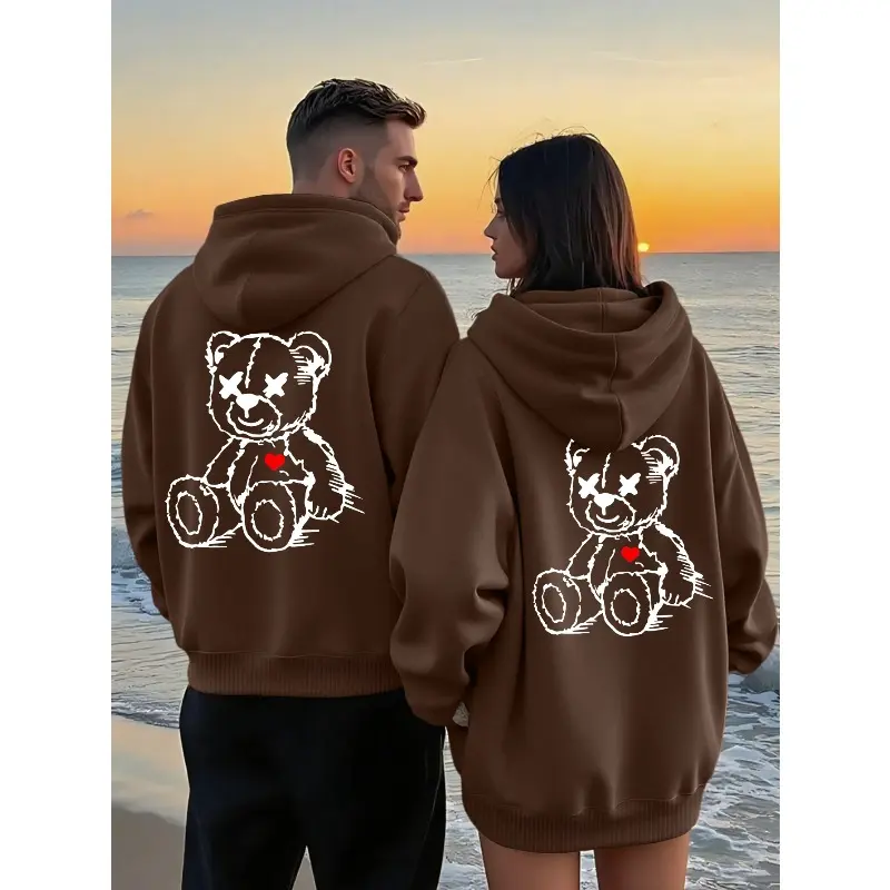 Men's & Women's Matching Couple Hoodie Teddy Bear Graphic Soft Cozy Comfortable Loose Fit Front Pocket Unisex Fall Winter Casual Playful Design Pullover