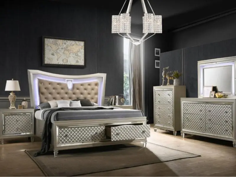 Elizabeth-4PC 4 pc Elizabeth champagne wood finish faux leather upholstered headboard LED lighting queen bed set