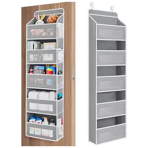 Over The Door Organizer Storage, 5 Shelf Hanging Door Organizer with 5 Large Capacity Pockets, Anti Tilt 44 lb Load Behind Door Storage for Bedroom, Bathroom, Pantry, Nursery, (Grey)