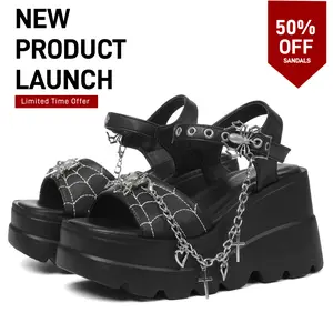 Platform Sandals Gothic Black Spider Buckle Punk Heart Chain Buckle Comfort Square Toe High Slope Heel Y2k Punk Alternative Girl Wedge Sandals For Women SpringStatements