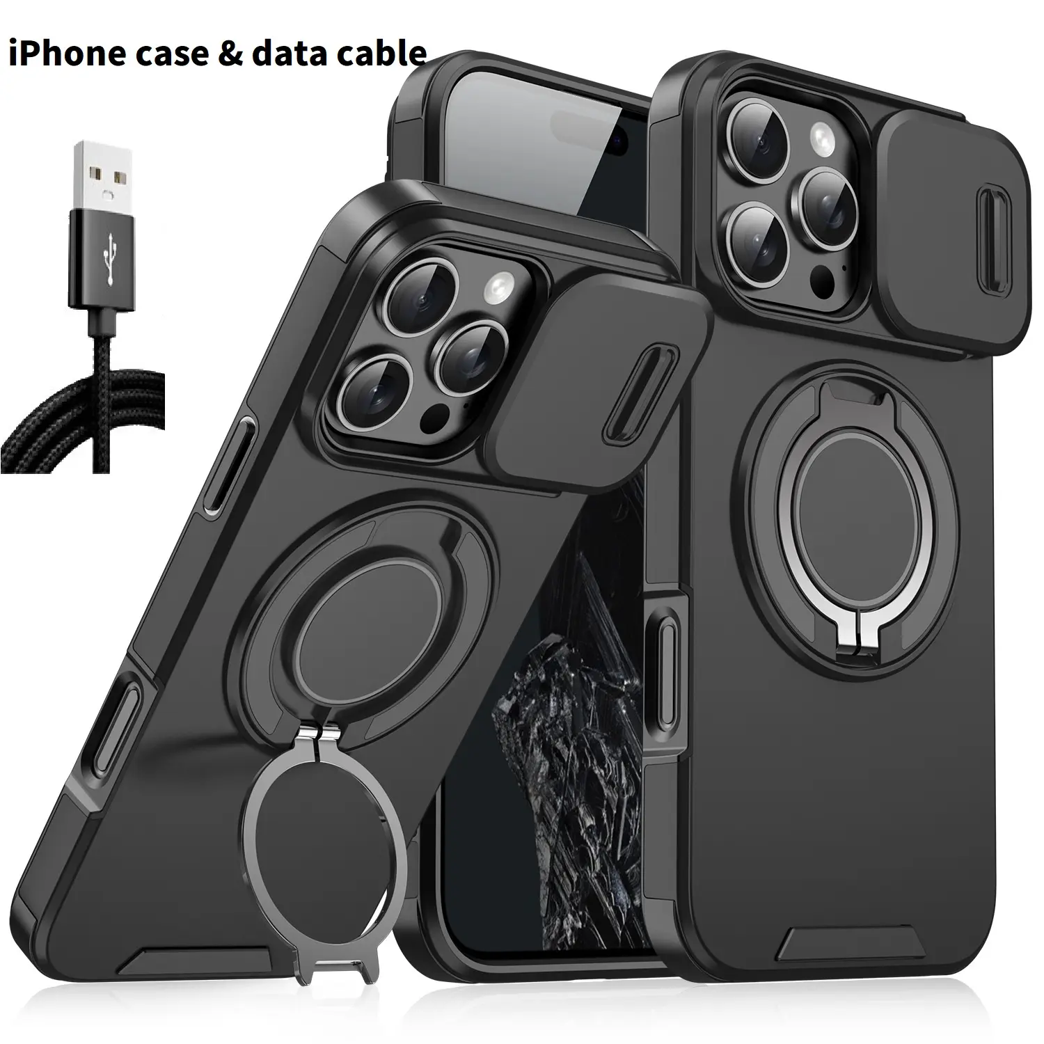iPhone Case and Data Cable for iPhone 17 16 15 14 13 12 with Slide Camera Lens Protection Cover,360 Rotating Ring Kickstand Holder Military Grade Shockproof Protective Phone Cover