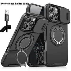 iPhone Case and Data Cable for iPhone 17 16 15 14 13 12 with Slide Camera Lens Protection Cover,360 Rotating Ring Kickstand Holder Military Grade Shockproof Protective Phone Cover