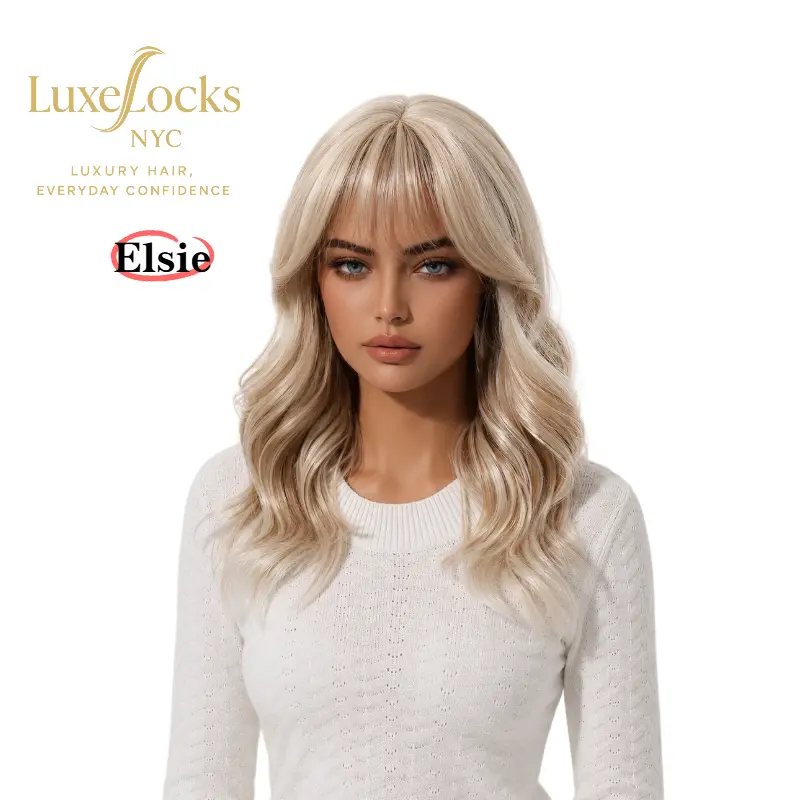 Elsie-16 Inch Beige Blonde Wavy Wig with Bangs Soft Layered Synthetic Wig Face Framing Blonde Wig for Women, Beginner Friendly Daily Wig