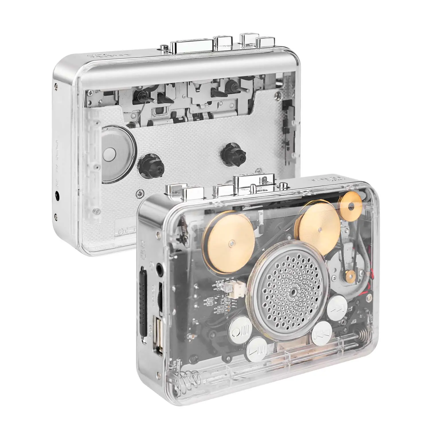 Transparent USB Cassette Player with Radio - 3.5mm Headphone Jack, Stereo Cassette-to-Digital Converter for PC, Multi-Format Playback, Enjoy Tape Music Quietly Through Headphones, Walkman for Music Lovers