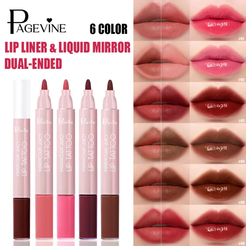 1PC PAGEVINE Dual Ended Lip Liner And Liquid Mirror Lip Tint 6 Colors Available Smooth Coloring Long Lasting Glossy Finish Daily Party Makeup ViralLipTint DualEndedLipProduct GRWMMakeup LipMakeup LipCosmetics