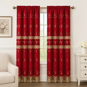 Luxury Macramé Jacquard Curtain Panel - Red with Gold Rose Embroidery & Attached Valance