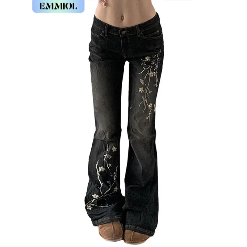 Emmiol Women’s Embroidered Bell Bottom Jeans – Stretchy Flared Mid-Rise Vintage Denim, 90s Y2K Retro Jeans with Floral Embroidery, Soft Stretch Fabric, and High-Comfort Fit