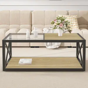 Industrial Coffee Table, Modern Tempered Glass Top with Natural Wood MDF Base, Rectangular Center Table for Living Room & Bedroom