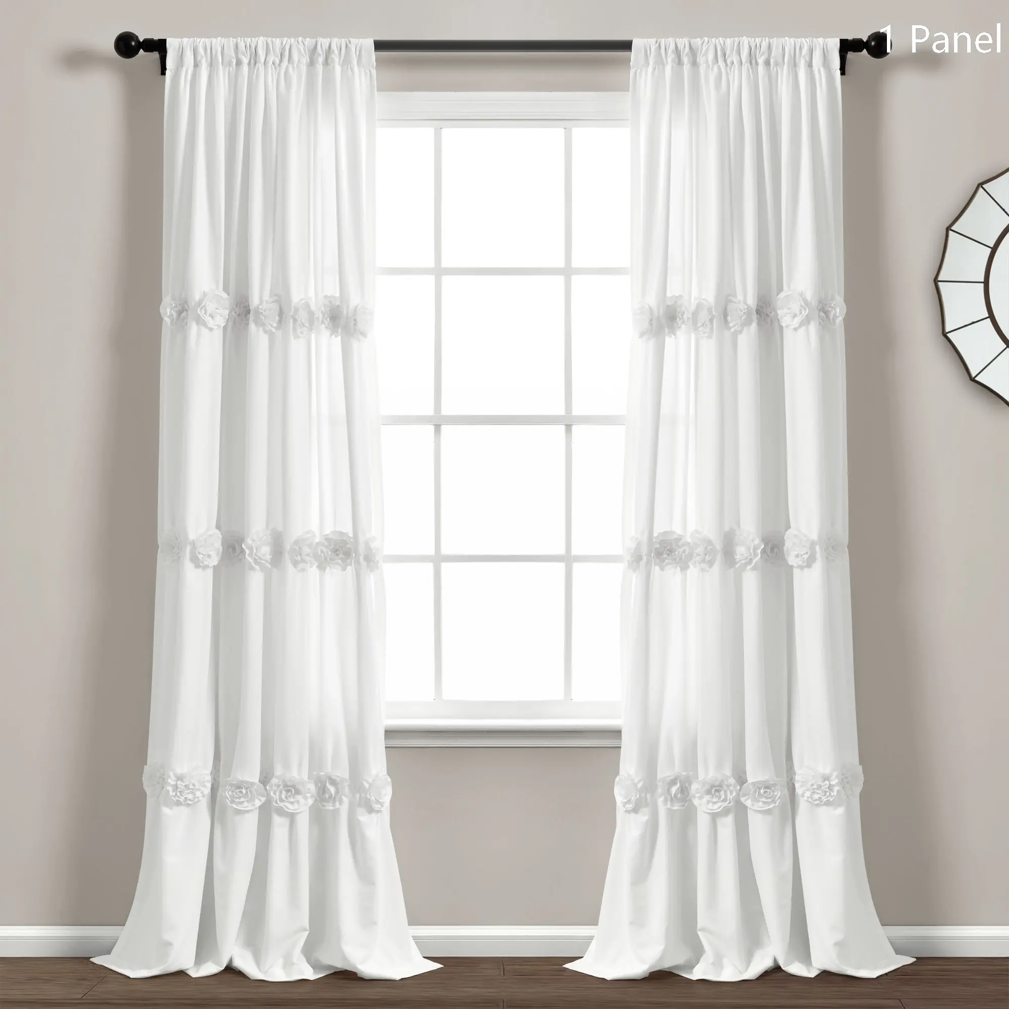 Lush Decor Darla Single Window Curtain Panel - Sold Individually - Craft Flower Ruched Ruffles Microfiber 40 Inches Wide Light Filtering Privacy Curtains
