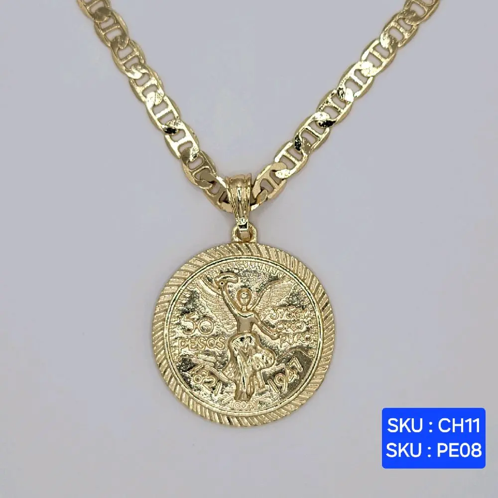 Beautiful Centenario Pendant 14k & 3 Color Laminated Gold  Mariner Chain 24 inches 6mm wide. SKU : CH11. SKU : PE08, PE08A