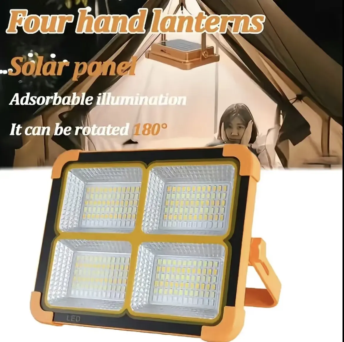 1PC Solar Powered LED Work Light, USB Rechargeable Waterproof Flood Light, 5 Light Modes Portable Handheld Spotlight for Camping, Fishing, Car Repair, Hurricane Emergency Power Outage