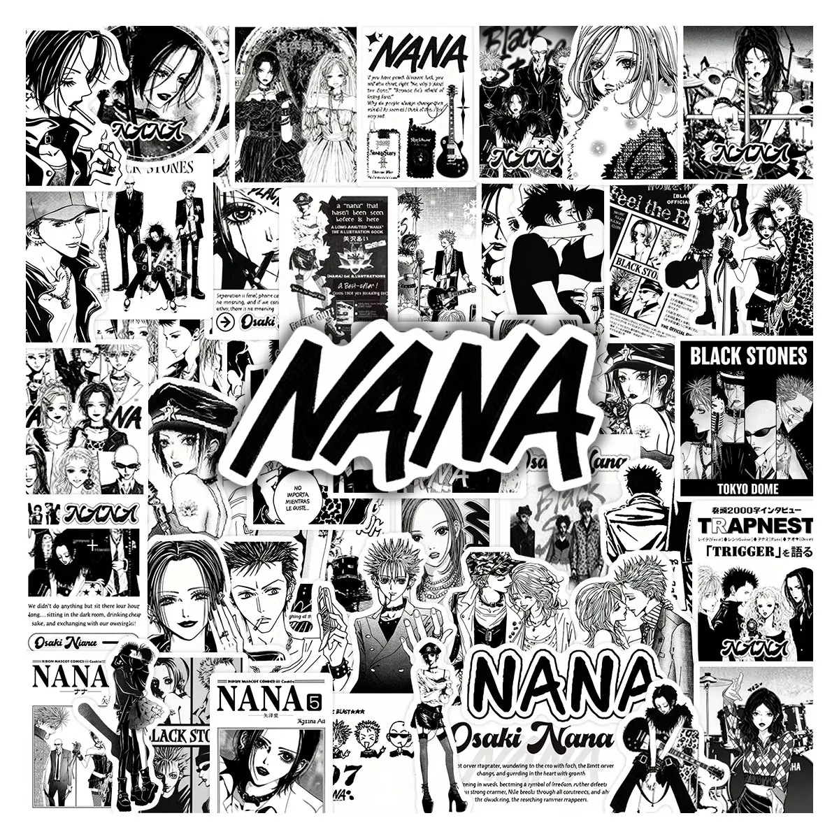 52Pcs NANA Manga Black & White Stickers Pack, Diy Sticker Paper, Waterproof Punk Rock Vinyl Decals for Laptop Water Bottle Journal Scrapbook, Cool Gifts for Anime & Music Fans