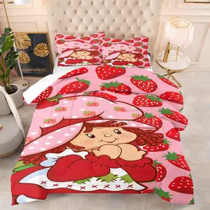 Strawberry Girl Pattern Bedding Set, Includes 1 Quilt and 1 or 2 Pillowcases Without Pillows, Soft Bedroom Decor for Kids and Adults, Strawberry Design