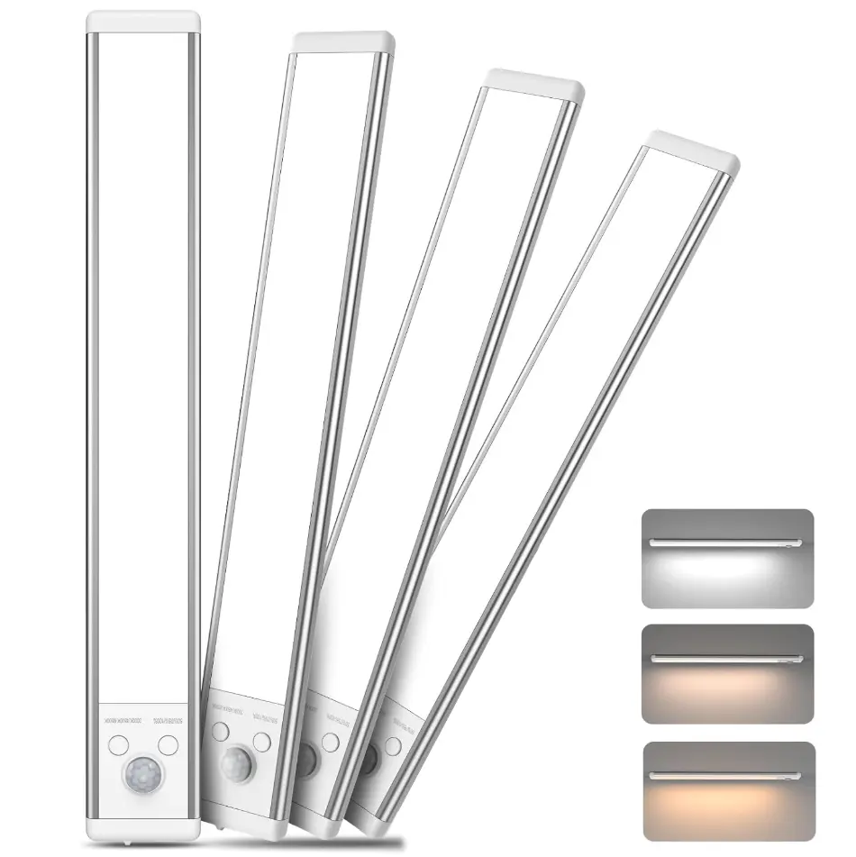 Polished Aluminum LED Closet Light, 9.6 Inch Wireless Motion Sensor Bar with Magnetic Mount, USB-C Rechargeable, Adjustable Brightness & 3 Colors