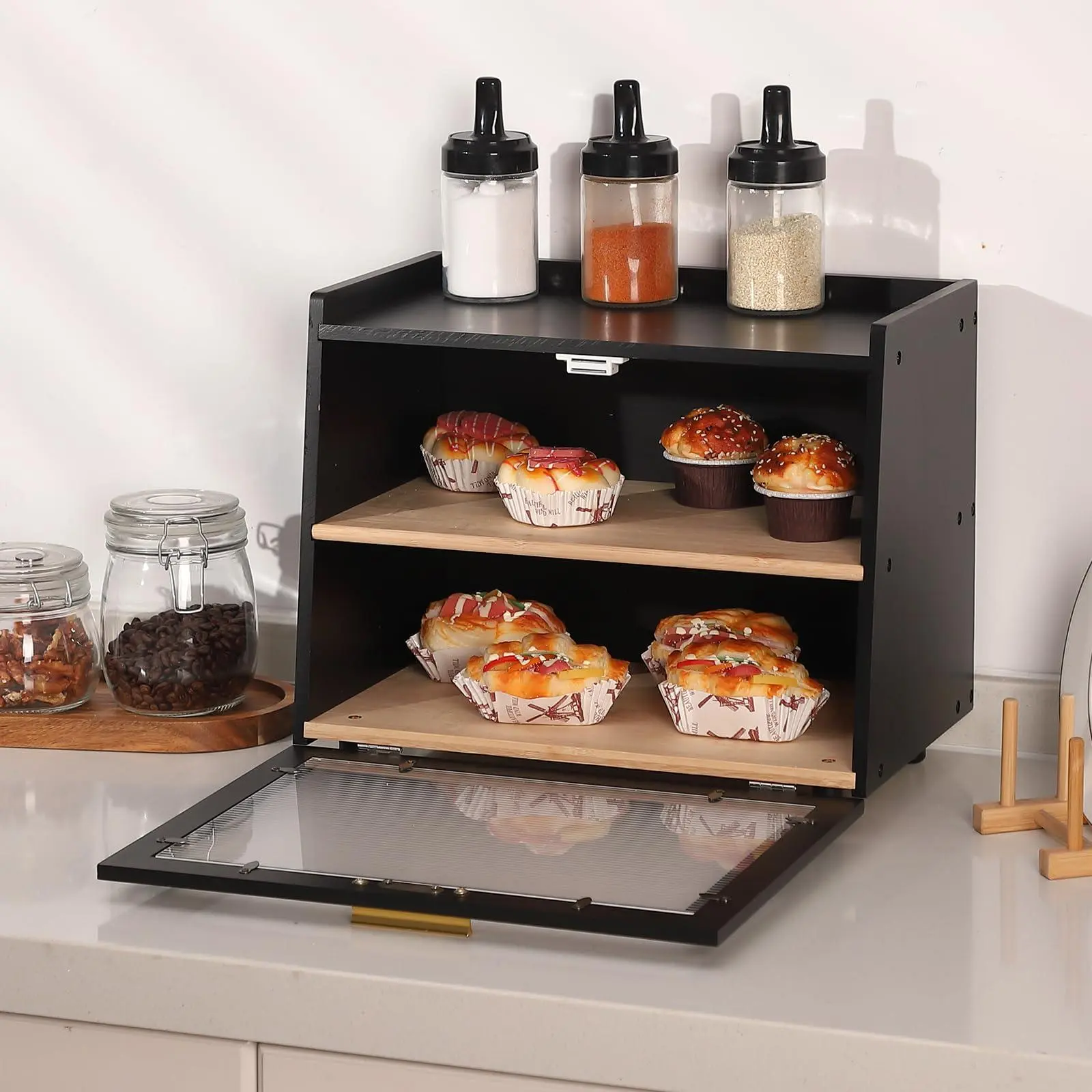 Double Layer Bread Box for Kitchen Counter with Acrylic Wave Window, Premium Waterproof Bamboo, Large Capacity, Easy Maintenance, and Versatile Storage Solution