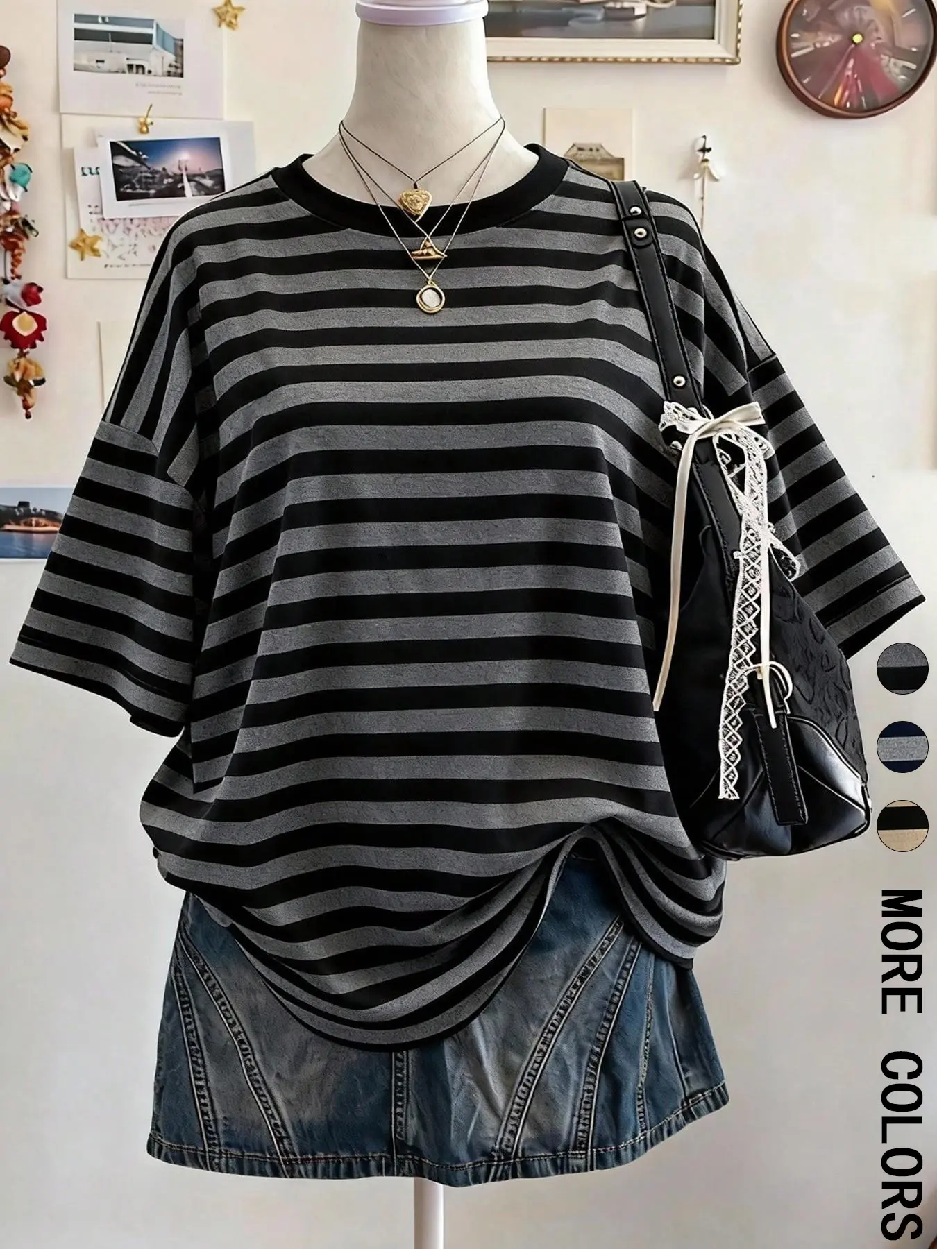1 Piece Women's T-Shirt, Spring & Summer Black Gray Striped Crew Neck Round Neck Short Sleeve Loose Fit Drop Shoulder Tee, Vintage Streetwear, Soft Breathable Top, Office School Vacation Wear