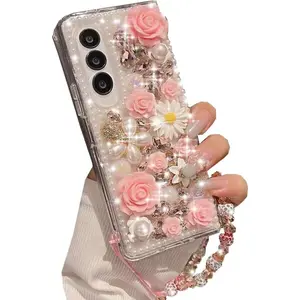 for  Galaxy A15 5G Glitter Bling Case,Cute Luxury 3D Sparkle  Rhinestone    with Lanyard Wrist Strap Women Girls Phone Case for Galaxy A15 5G 6.5 Inch (Pink)