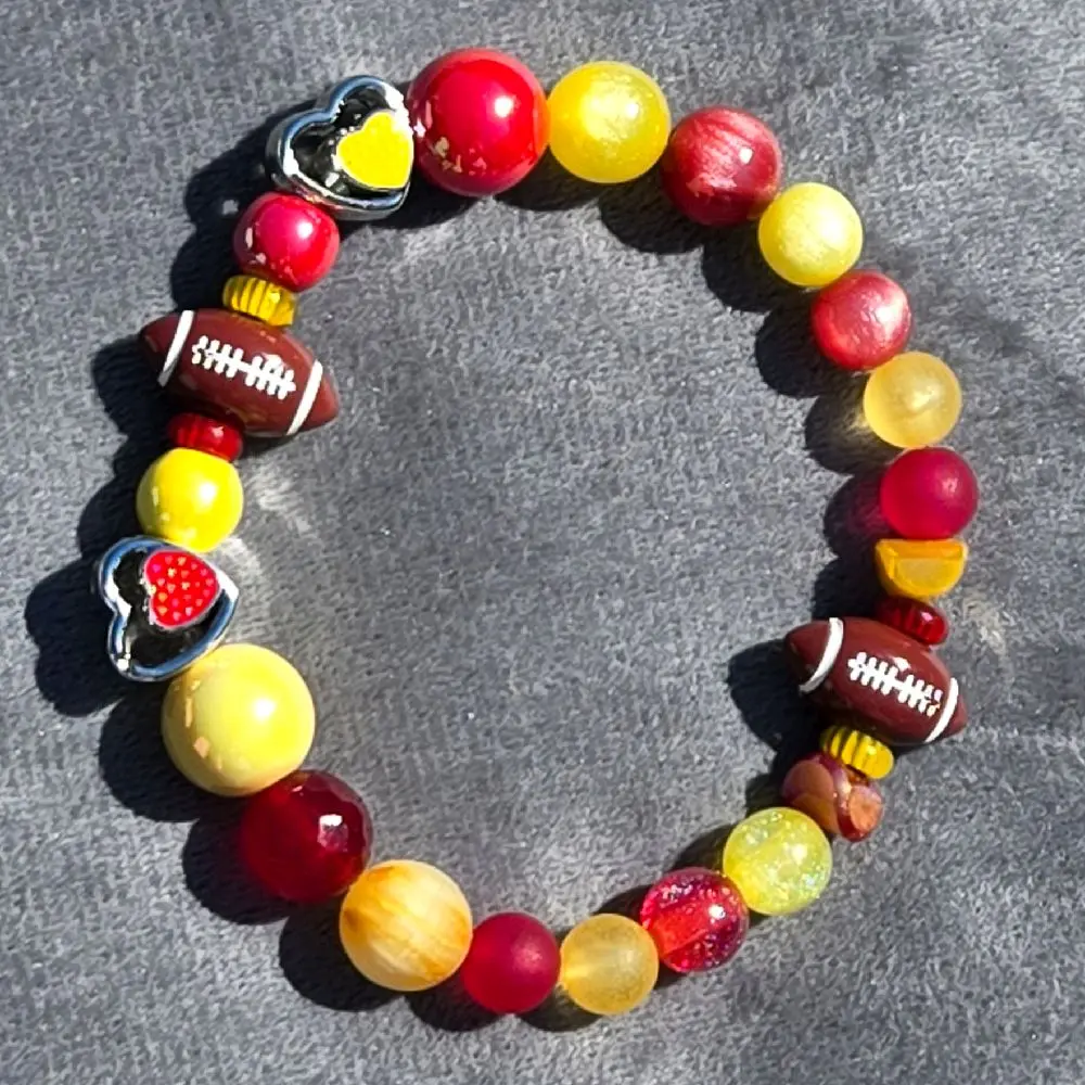 Chiefs Football Fan Jewelry Accessory - Red and Yellow beads, Football Beads, Heart Embellishments, Fashionable Bracelet