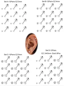 12 Pairs 20G Women Stud Earrings Cubic Zirconias Cartilage Helix Tragus Conch Set, Earrings, Silvery Stainless Steel Ear Studs Flat Back Piercing Jewelry, Flat Pierced Earring, CZ 3mm, 5mm, Gifts for Lover & Friends