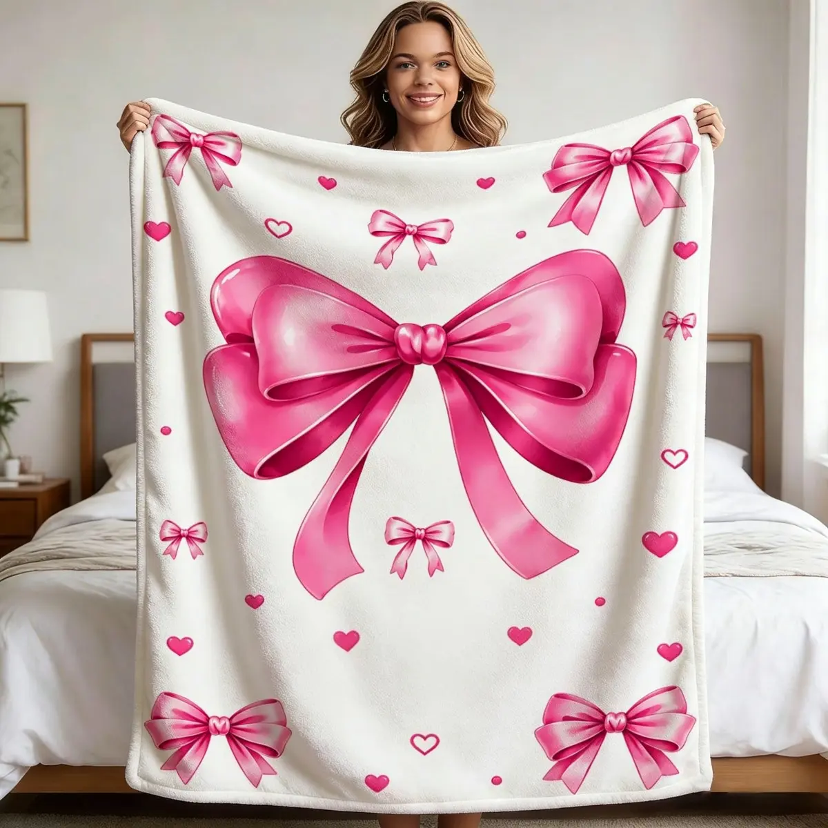 Blush Pink Bow Hearts Pattern Multi-Size Flannel Blanket - Soft Warm Bedroom Bedding Blanket, Cozy Look Unisex All-Season Throw for Sofa & Bedroom/Office, Ideal Birthday Gift for Family Home Decor Essential