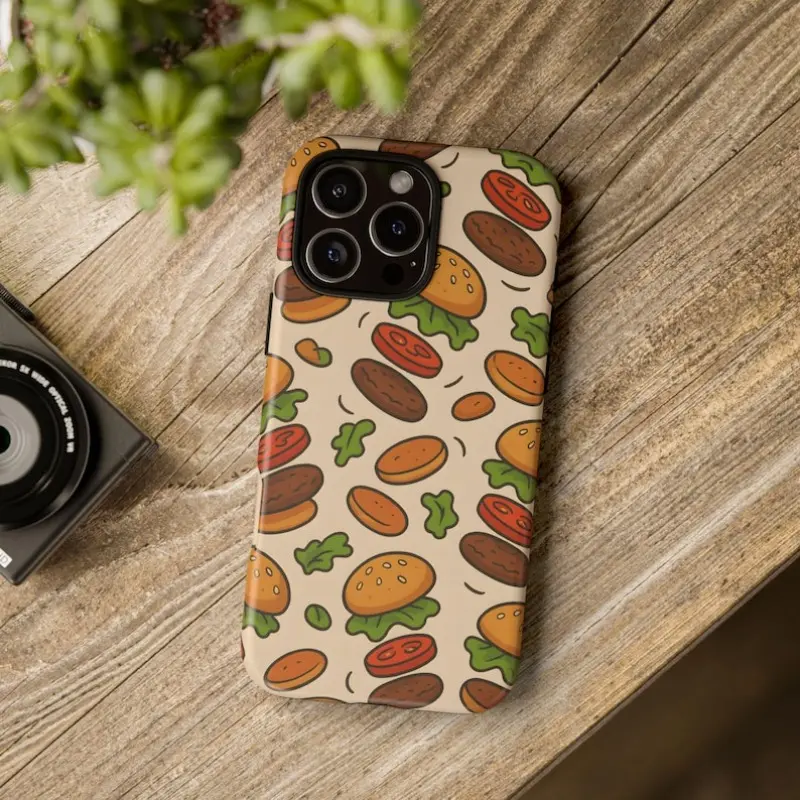 Burger Bounce Shockproof Polycarbonate Cellphone Case - UV Printed Retro Burger Grill Print, Dual-Layer Phone Aesthetic Casing with Raised Bezels for Durable Camera & Device Protection, Compatible with iPhone 11 12 13 14 15 16 17 Pro Max Air Plus