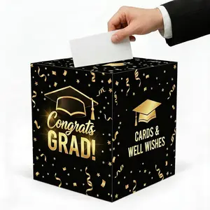 2026 Graduation Decorations Card Box Holder for Graduation Party, Congrats Grad Foldable Cardboard Decorations, 8.5 Inches Graduation Gift Box (Black)