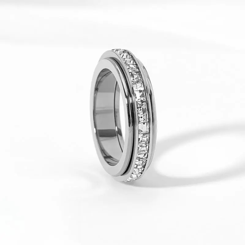 Cubic Zirconia Rings for Couples, Geometric Titanium Steel Spinner Band for Daily Wear - Matching Comfort Fit Anti Anxiety Jewelry