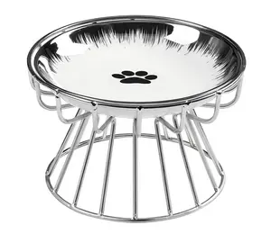 Raised Cat Bowl, 1 Set of Cat Paw Pattern Pet Ceramic Bowl with Iron Stand, Pet Feeding Supplies, Dog & Cat Accessories, Pet Accessories