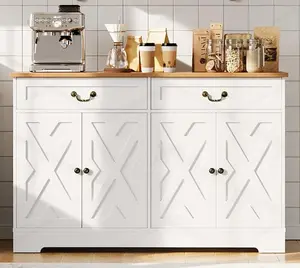 Garvee 57 Inch Modern Farmhouse Sideboard Buffet Cabinet with 2 Drawers & Adjustable Shelves, Large Kitchen Storage Cabinet, Dining Room Coffee Bar Organizer, White