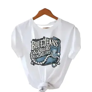 Blue jeans with pearl pattern T-shirt - casual women's T-shirt, denim-inspired pearl print, round neck, short sleeves, 100% cotton, spring and summer women's
