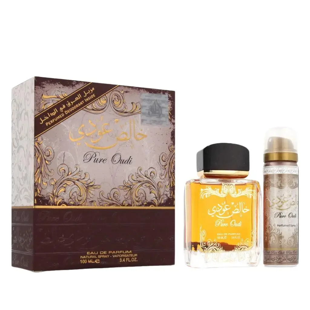 Lattafa Pure Oudi for Unisex 2 Piece Gift Set (3.4 Ounce, Eau de Parfum Spray + 1.7 Ounce, Perfumed Spray)