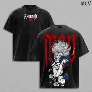 Android 18 DBZ Blonde Cyborg 18 Vintage Washed T-Shirt | Anime Android Girl Graphic Tee | Retro Power Fighter Streetwear Oversized Shirt