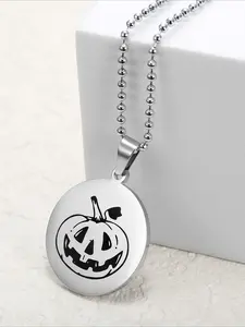 Halloween Pumpkin Pattern Hang Tag Necklace, Creative Stainless Steel Necklace, Halloween Accessories, Daily Accessories