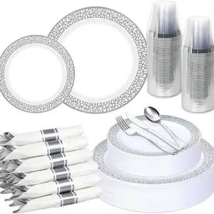 FOCUSLINE 175 Ct Silver Dinnerware Set for 25 Guests, Plastic Plates with Silver Lace Rim Design, Including 25 Disposable Dinner & Dessert Plates, Cups, Napkins, Cutlery Set