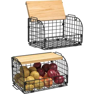 2 Sets of Stackable Metal Wire Baskets with Openable Top, Kitchen Counter, Food Storage Organizer and Storage Products for Onions, Potatoes, Fruits, Vegetables, Bread, Snacks, Spices, Storage Bins for Cabinets, Shelves, Countertops, and Floors