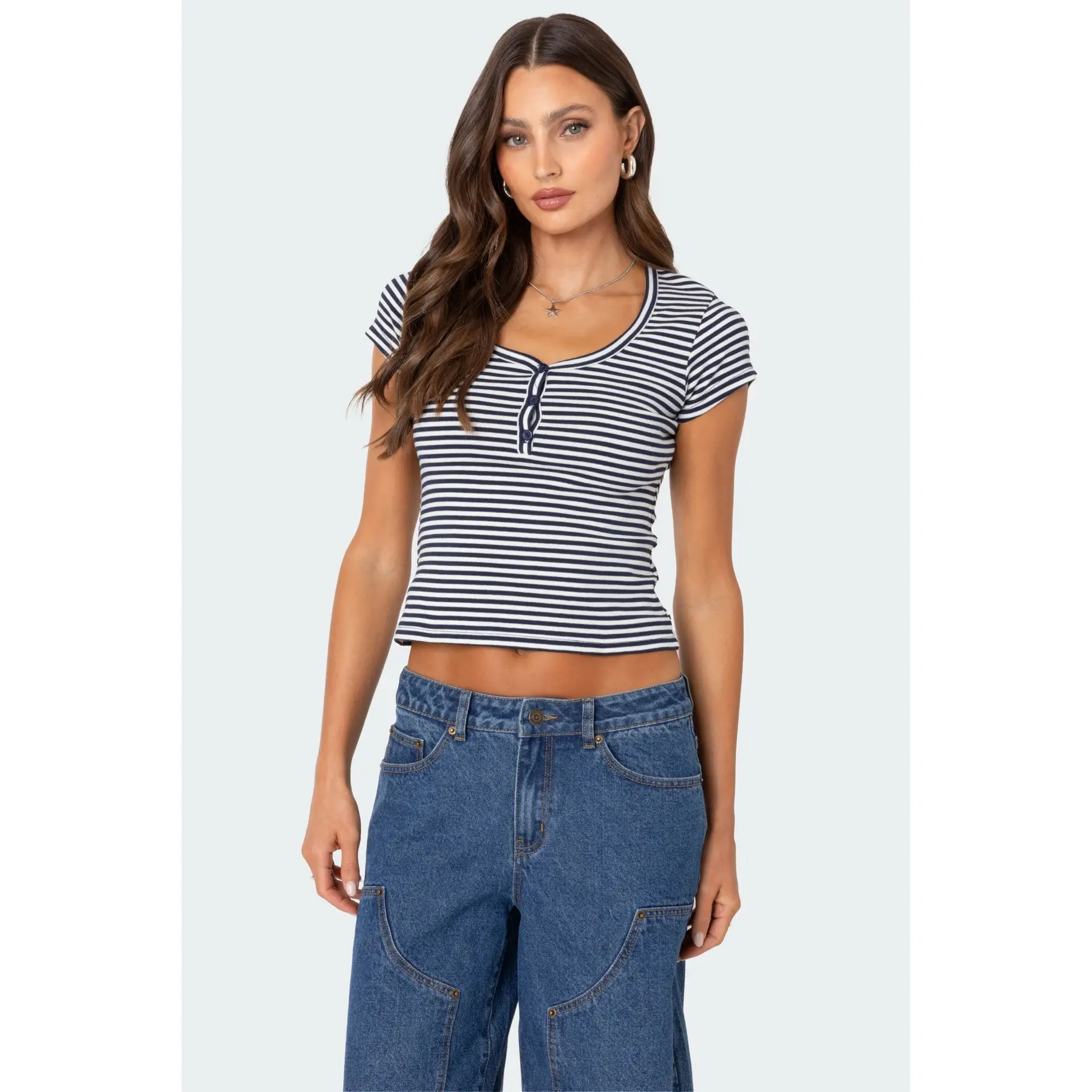 Kady Striped Henley T Shirt Kady Striped Henley T Shirt