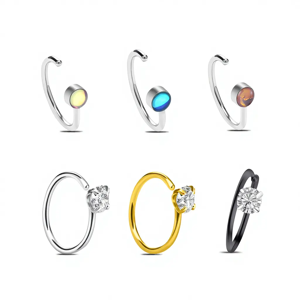 HERVAY 20G Hypoallergenic Stainless Steel Nose Hoop Ring - Simple Style with Little Diamond - Silver/Rose Gold/Black - Rook/Helix/Daith Compatible - Unisex Fashionable Punk Piercing Jewelry