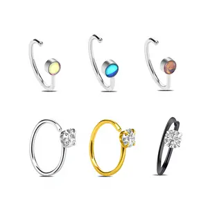 HERVAY 20G Hypoallergenic Stainless Steel Nose Hoop Ring - Simple Style with Little Diamond - Silver/Rose Gold/Black - Rook/Helix/Daith Compatible - Unisex Fashionable Punk Piercing Jewelry