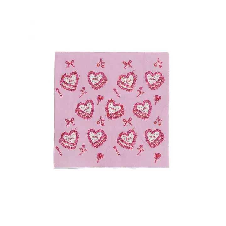Festive Fun Co. XOXO Cake Party Napkins - 16 Heart-Shaped Cake, Cherry & Pink Bow Napkins for Valentine's Day, Classroom, Galentine's, Dessert & Tea Parties