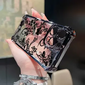 Phone Case Elegant Floral Vines Aesthetic Electroplated 4-Corner Airbag Shockproof Luxury Clear Cover for iPhone 17 16 15 14 13 12 Pro Max - Pretty Gift for Women outdoorfun