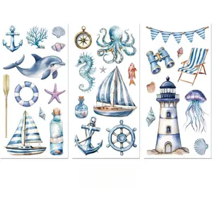 Rub on Transfer Decal Sticker for Furniture Craft Decor 6"x12" Colorful Nautical Element, 3Pcs Waterproof UV DTF Transfer for Drawer Dresser Glass Porcelain  Plastic Window