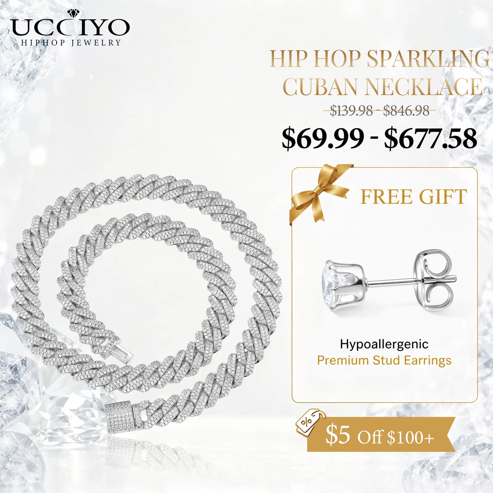 UCCIYO Shining Cuban Chain CZP397 Fashion Trend Square Necklace Miami Cuban Chain Ice Out Men's Hip Hop Rap Fashion Necklace Sparkling 14mm Width  FallFreshness summerwins【#CZP397】