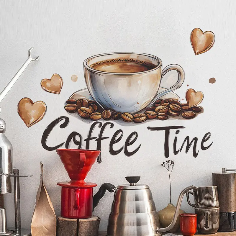 Coffee Cup Wall Sticker, Coffee Bean Heart Letter Decor, PVC Self-Adhesive Removable, Ideal for Cafe Station Walls Decoration, Waterproof Wall Decal
