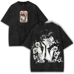 Tomie x Junji Ito Horror Aesthetic – Double Sided Washed Tee with Creepy Floral Back Art | Gothic Manga Fan Must-Have Cotton Streetwear T-Shirt Top